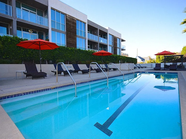 Sparkling clean and inviting swimming pool at 12th Street Lofts in National City, California.