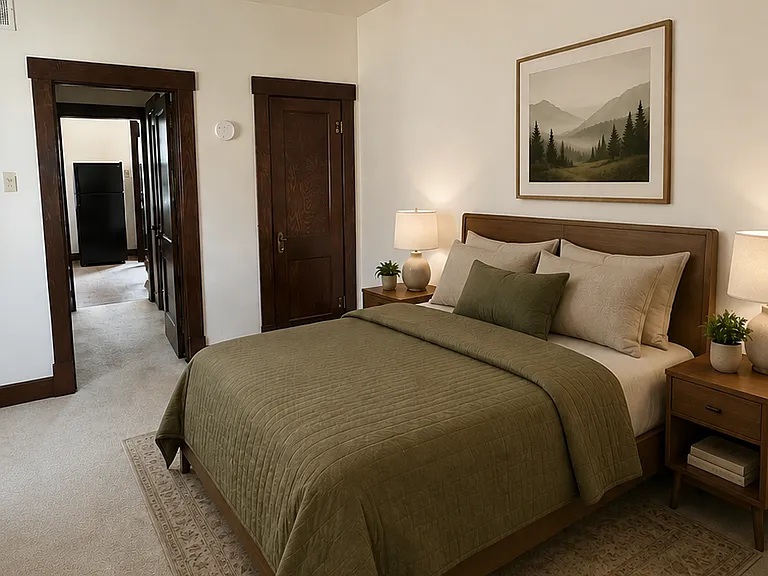 Bedroom upon walking out of living room. Staged virtually for ideas.