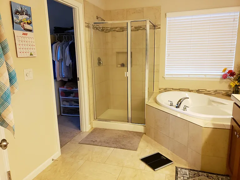 Master bath with stand-in shower and big bath tub.