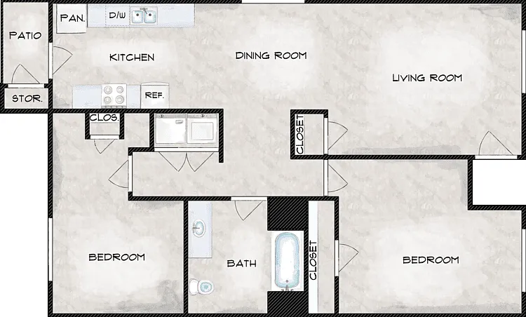 2 Bed 1 Bath Floorplan Diagram