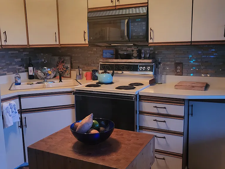 Lots of storage in the kitchen. Fridge / icemaker, oven and microwave, blender and 3 ways to make coffee!