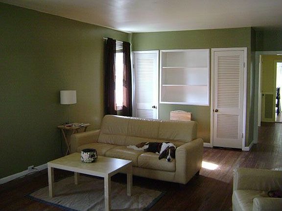 Large Living room with built-in shelves and two coat/storage closets