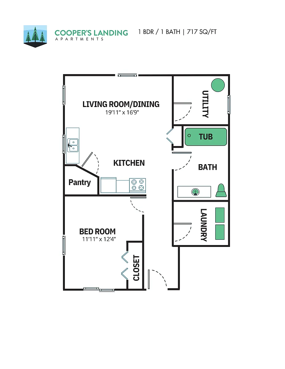 Floor plan 1 Bed, 1 Bath - 717 sq ft