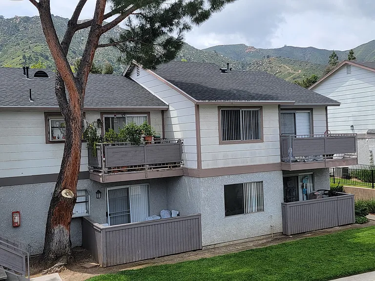 View from apartment porch of mountains at Grand Oaks Apartments in Lake Elsinore, California.