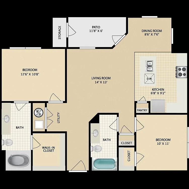 Floor plan 2 Bedroom 2 Bath B1