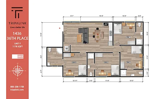 Floor plan 4 Bed 4 Bath - 1178 sqft