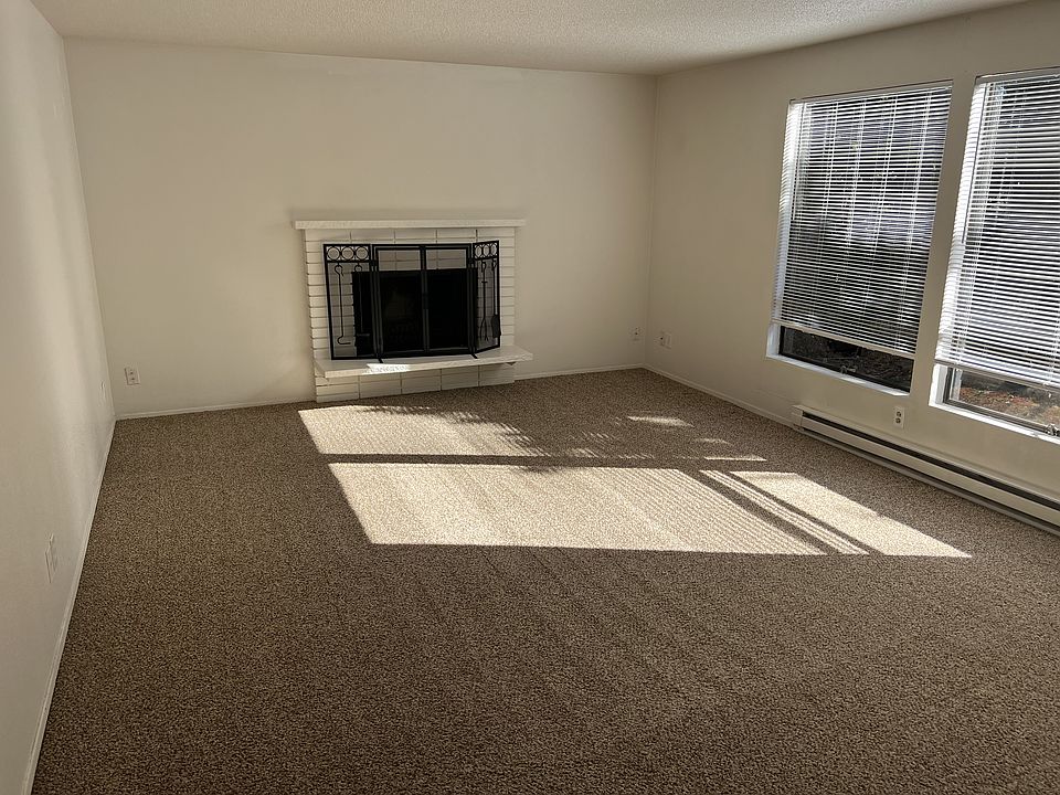 Living room with wood burning fireplace