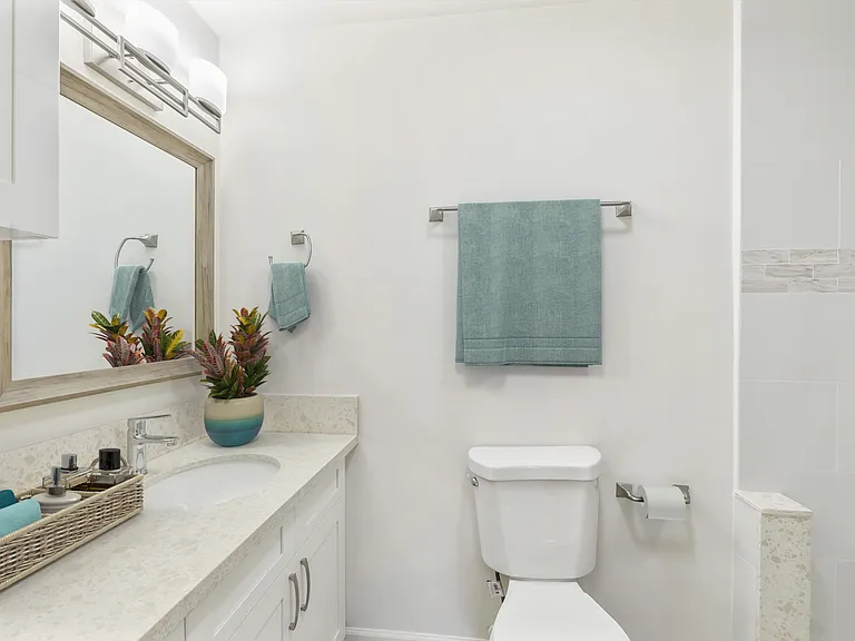 Primary full bath has updated vanity and shower.