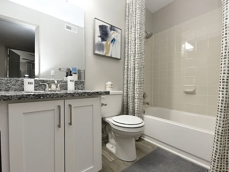 Bright bathroom with granite counters and bathtub