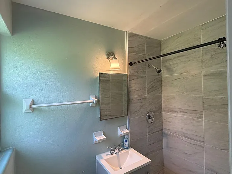 Updated bathroom with a tiled walk-in shower, compact vanity with mirror, and convenient wall-mounted storage.