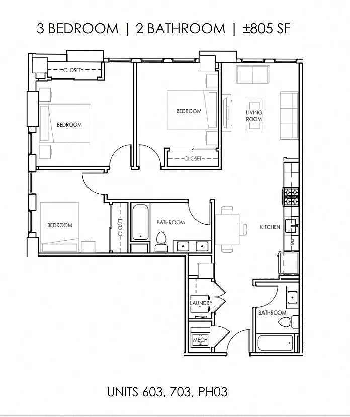 Floor plan Three Bedroom Two Bathroom City View