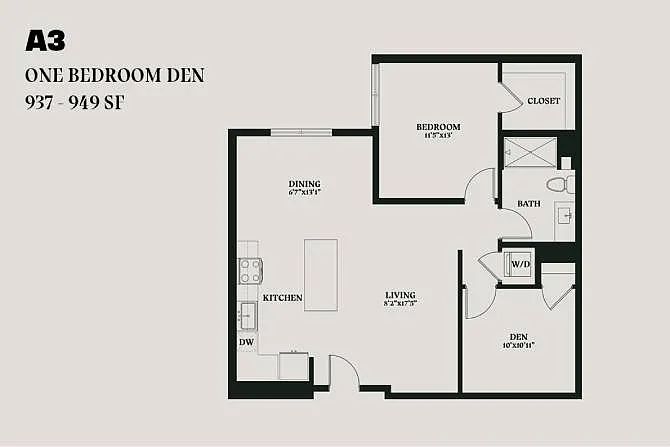 Floor plan Alba One Bedroom Den A3