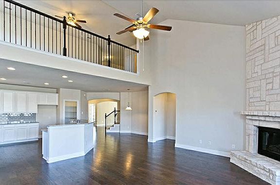 Stone fireplace in living room