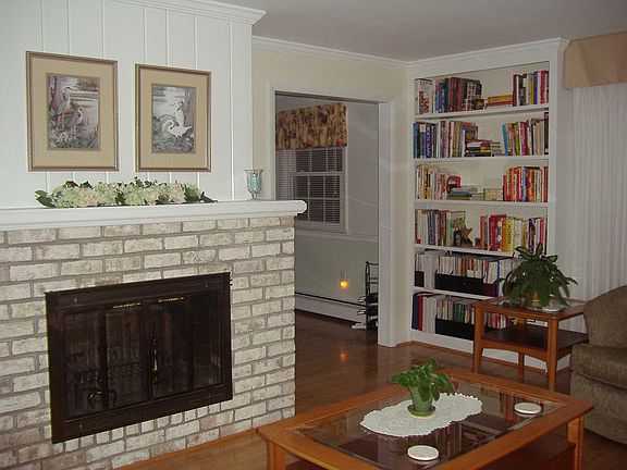 Brick wood burning fireplace, crown molding