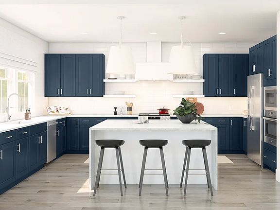 Kitchen with pendant lighting and open shelving