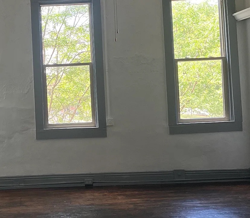 Elevated ceiling, three large windows and original hardwood floors from the early 1900s- updated with curtains.