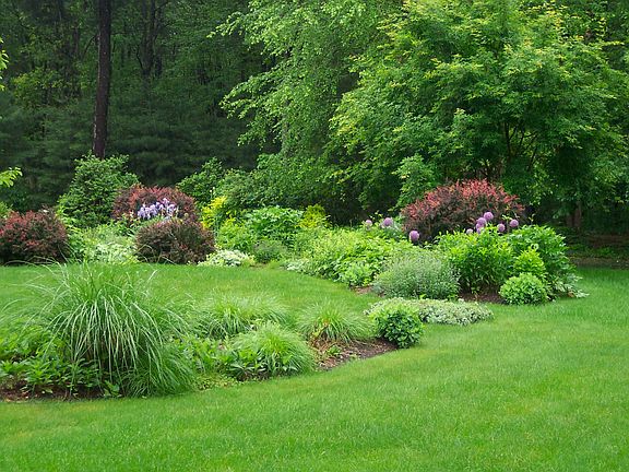 Front yard with specimen trees and ornate gardens.