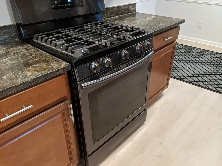 Vinyl plank flooring in kitchen, upstairs (some parts), wooden flooring also