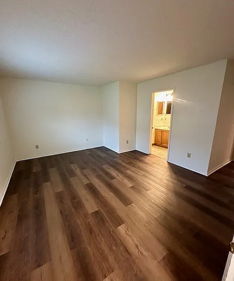 Primary bedroom - the bathroom is inside the bedroom (has the light on)