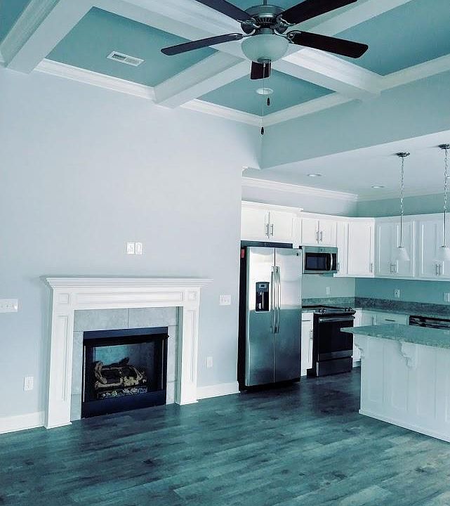Vaulted ceiling. Plank flooring. Open concept.