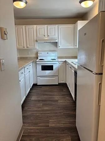 Updated one bedroom unit kitchen: plank vinyl flooring, white cabinetry, new countertops, lighting and finishes.