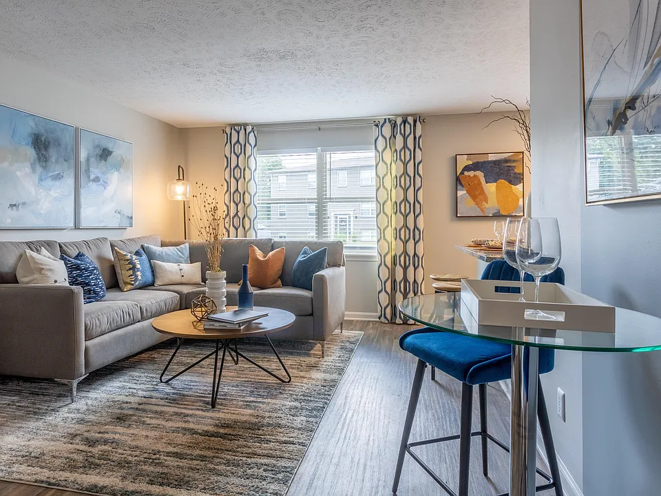 Spacious living room with hardwood-style flooring