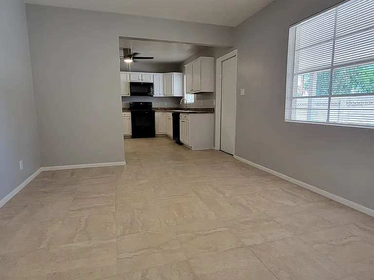 View from dining area towards kitchen.
