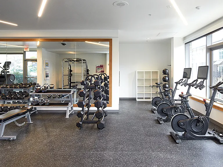 Apartment community fitness center at Griffis South Waterfront in Portland, Oregon.