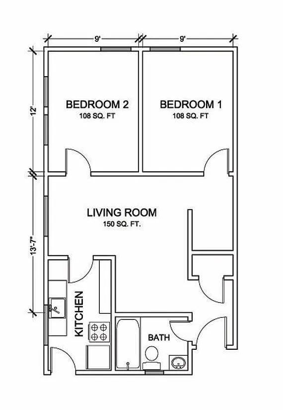 Floor plan 2 Bedrooms, 1 Bathroom