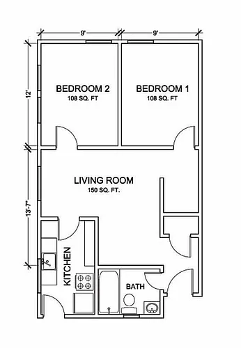 Floor plan 2 Bedrooms, 1 Bathroom
