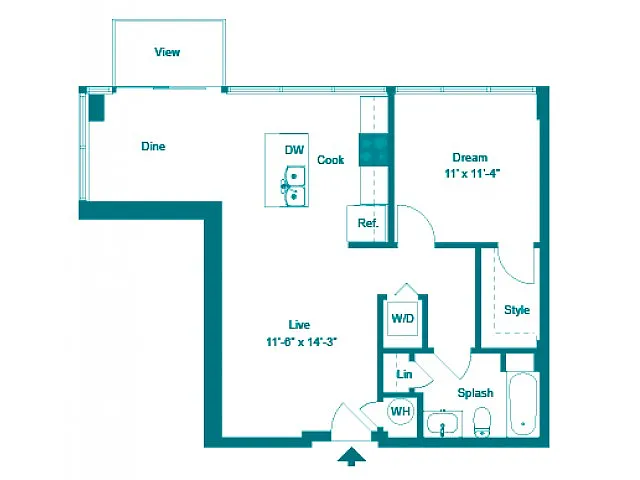 Floor plan One Bedroom One Bath (751 SF)
