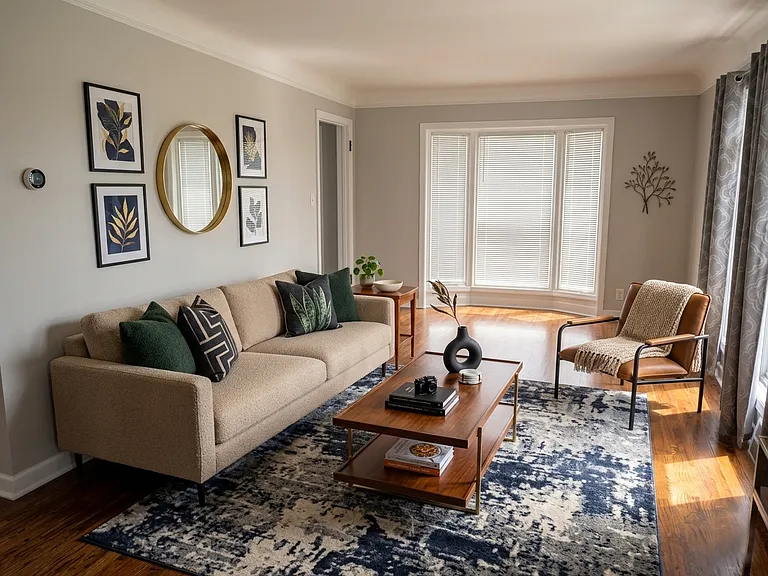 Bright and spacious living. Photo staged for design purposes.