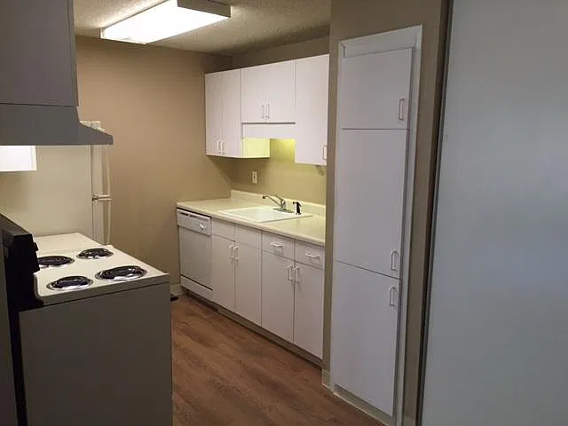 Full kitchen with stove, oven, full sized refrigerator, dishwasher.