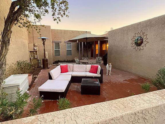 Patio furnishings and Reya the dog