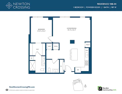 Floor plan One Bedroom Apartment with Powder Room 1BB-04