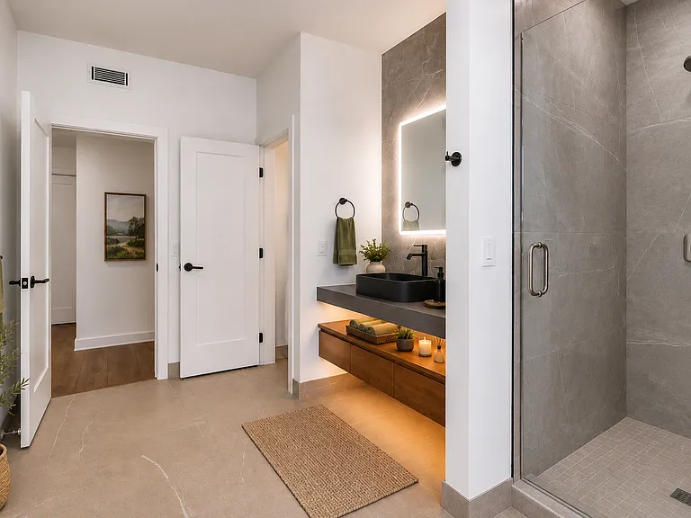 The pool bathroom is located off of the 1st floor hallway and also accessible from the pool area. There are lots of shelves for storage for day pool users and towels.