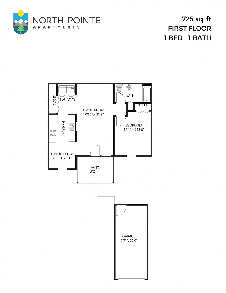 Floor plan 1 Bed, 1 Bath - 725 sq ft