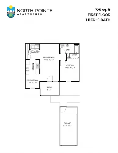 Floor plan 1 Bed, 1 Bath - 725 sq ft