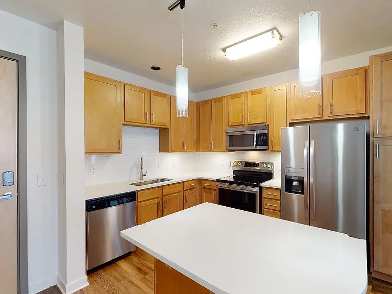 Apartment kitchen with stainless steel appliances, quartz countertops and wood-style flooring.