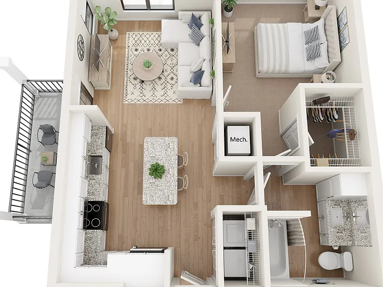 Modern 3D floor plan showcases a spacious one-bedroom apartment with an open-concept living area, stylish kitchen, and private balcony. Modern 3D floor plan showcases a spacious one-bedroom apartment with an open-concept living area, stylish kitchen, and 
