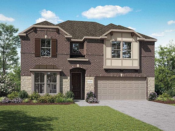 Elevation E is a two story tudor inspired home design with brick and stone and a metal roof accent a