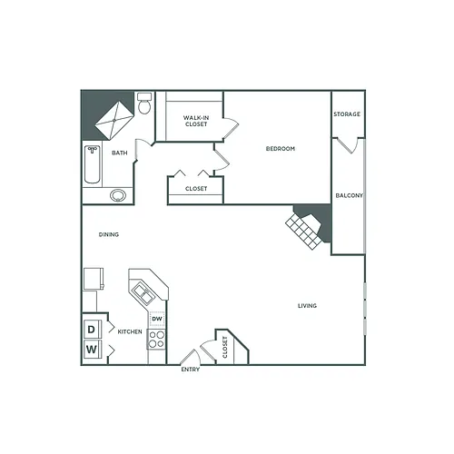 Floor plan One Bedroom One Bath (900 SF)