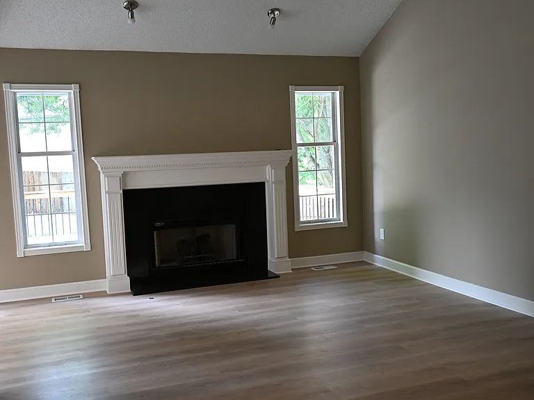 Living room. Fireplace with black granite insert.