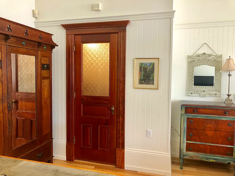 Redwood 5 panel door showcases beautiful 1880 Victorian obscure glass just like in original bathrooms 100 years ago.