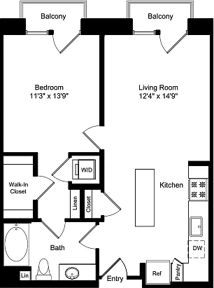 Floor plan One Bed A1 with Balconies