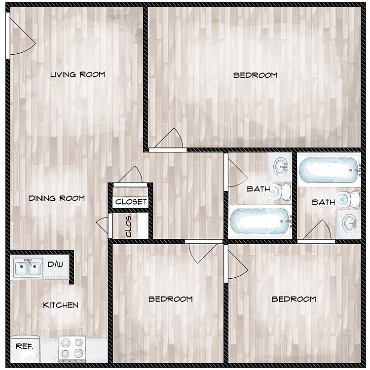 Floor plan 3 Bedroom, 2 Bathroom