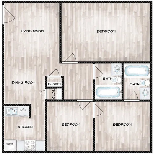 Floor plan 3 Bedroom, 2 Bathroom