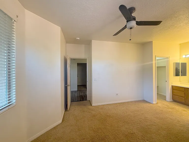 Master Bedroom from window looking at hallway on the left and at the walk-in closet on the right.