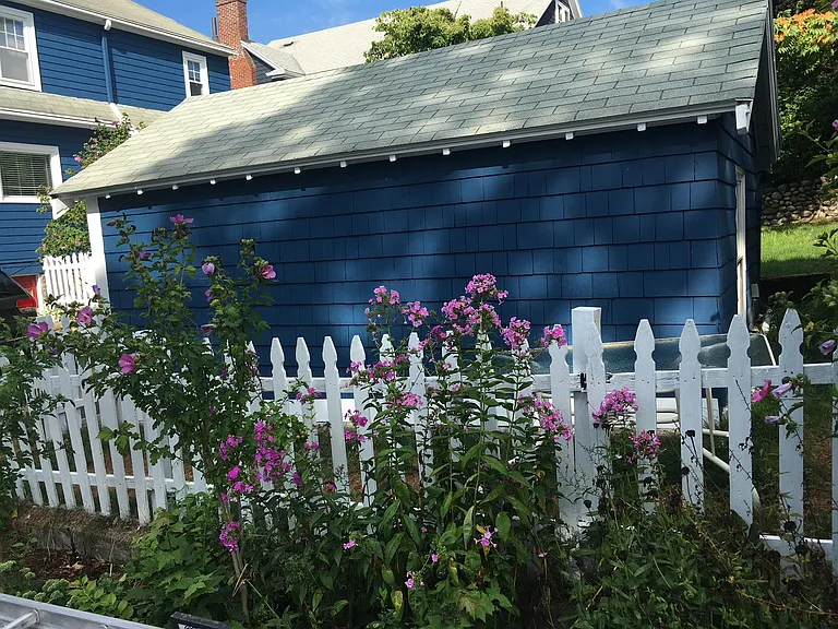 Garden in May (blue shed belongs to adjacent neighbor)