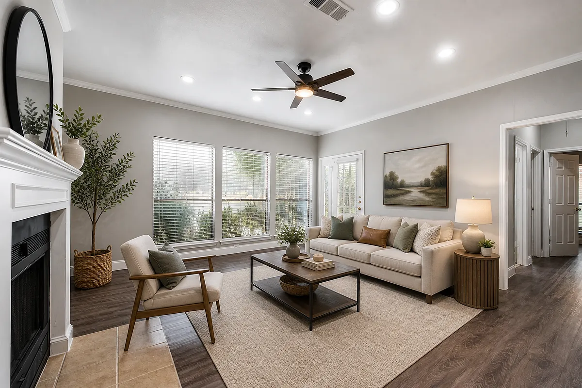 Virtually staged living room - 101 E Windsor Dr #101
